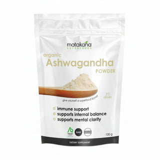 Matakana Superfoods Organic Ashwagandha Powder 100g pouch – immune support, internal balance, mental clarity – raw, vegan, certified organic