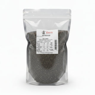 Packs of Chia Seeds Black with a label on a wooden surface