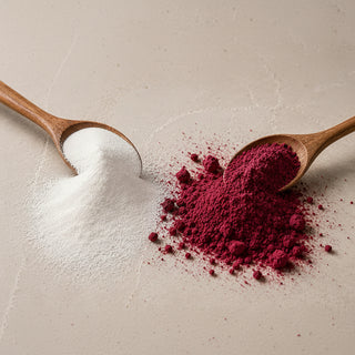 Two wooden spoons holding and beside white creatine powder and red fruit powder ingredients for Matakana Health Creatine Synergy.