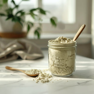 A clear glass jar filled with a light beige powder, with a wooden spoon resting inside and another wooden spoon with powder in the foreground on a bright marble surface.