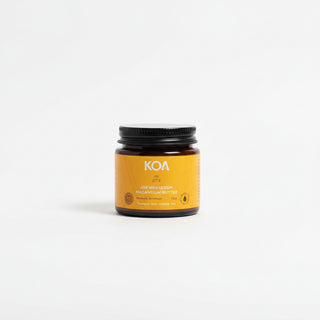 A small amber jar with a black lid and a bright orange label reading KOA, placed on a rough rock with a blurred beach or water background.