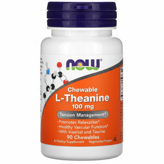 Supplement bottle of L-Theanine chewables with NOW brand on a white background