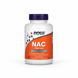 Supplement bottle labeled 'NAC 1000 mg' with Now brand on an orange and white label.