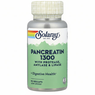 Bottle of Solaray Pancreatin 1300 supplement on a white background