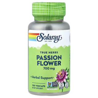 Solaray Passion Flower 700 mg dietary supplement bottle with a green cap and green label, containing 100 vegcaps.