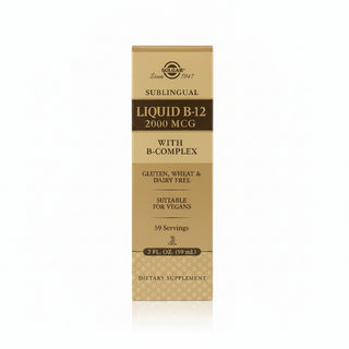 Supplement bottle labeled 'Liquid B-12 2000 MCG with B-Complex' on a beige background