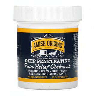 Amish Origins deep penetrating pain relief ointment jar on a white background