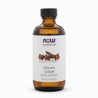 Bottle of NOW Essential Oils clove oil on a white background