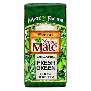 Yerba Mate tea package with green leaves on a white background
